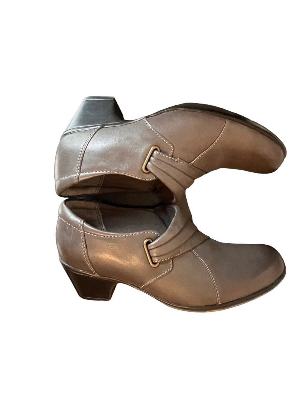 Clark’s Pleated Leather Grey Ankle Booties Block Heel Women’s Size 6.5